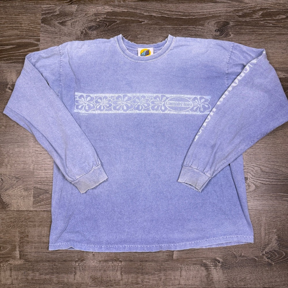 VTG Longboard House Long Sleeve T-Shirt Mens L Blue Surf Hibiscus Distressed